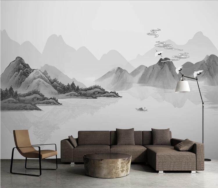 新中式意境山水电视沙发背景墙山定制壁画