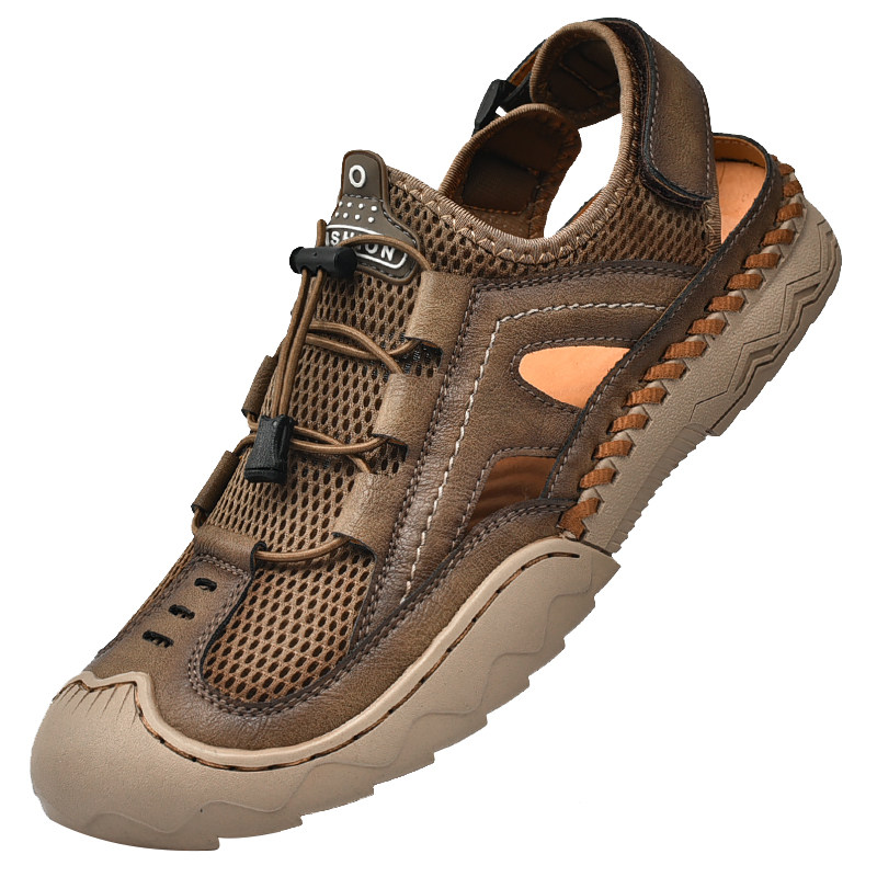 HUAGANG CAMEL SANDALS MENS 2024 SUMMER NEW LEATHER MENS BAOTOU BEACH SHOES TO WEAR OUTSIDE DRIVING CASUAL SHOES TIDE