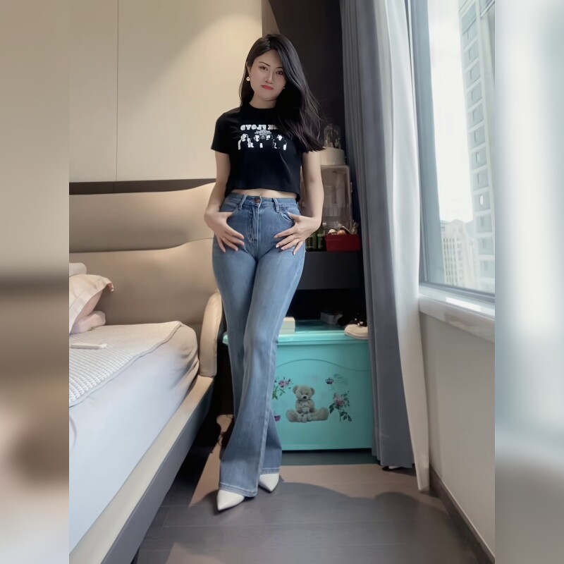 高腰蓝色牛仔裤女修身显瘦百搭直筒长裤显高显腿长
