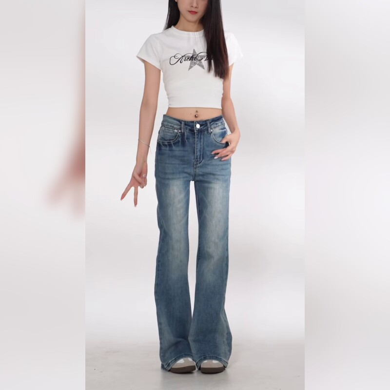 高腰显瘦微喇叭牛仔裤女春季小个子直筒长裤