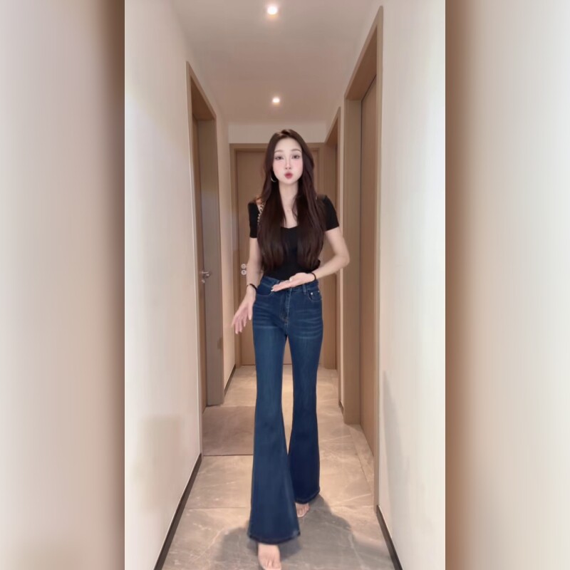 低腰牛仔喇叭裤女蓝色修身显瘦小个子百搭显腿长长裤