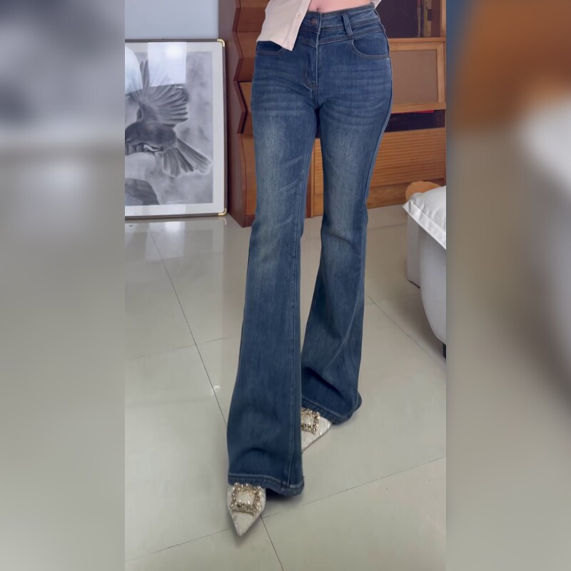 复古高腰微喇牛仔裤女修身显瘦直筒长裤蓝色百搭 遮肉秒变大长腿