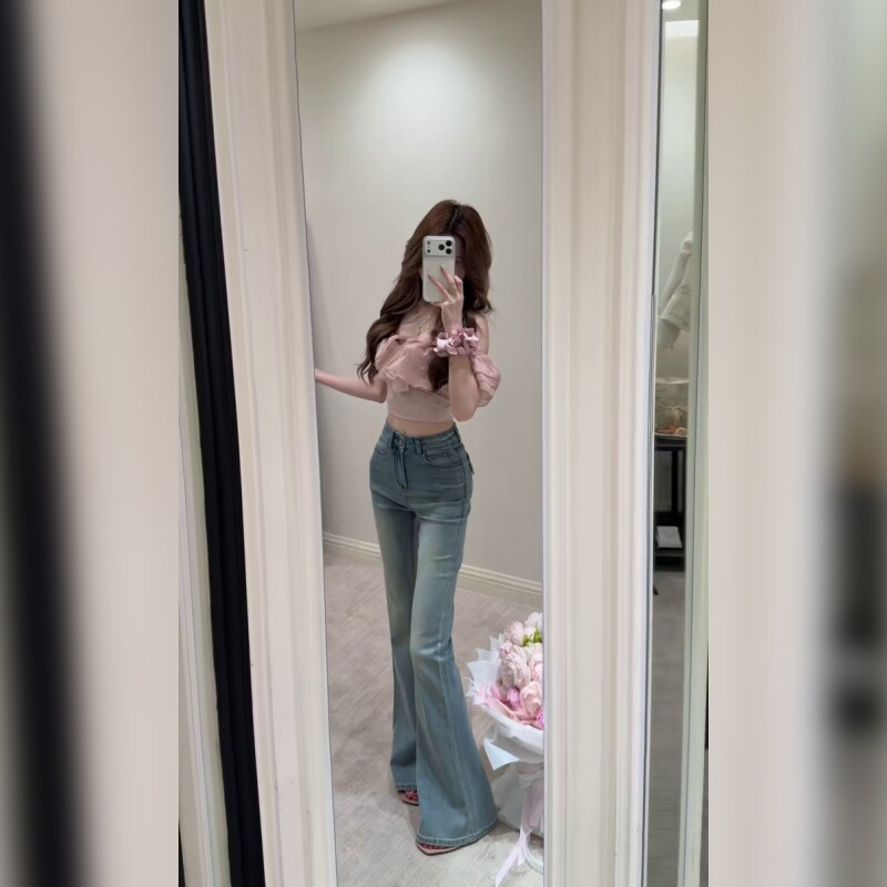 高腰微喇牛仔裤女浅蓝色修身显瘦小个子提臀喇叭裤