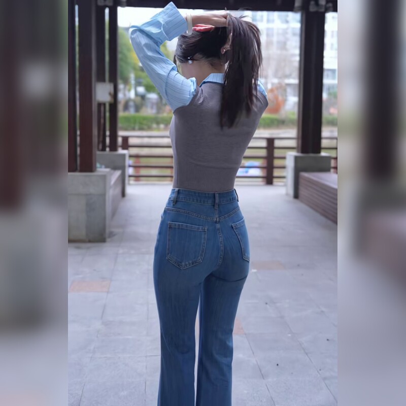 高腰微喇牛仔裤女蓝色修身显瘦小个子蜜桃臀喇叭裤显高百搭弹力潮