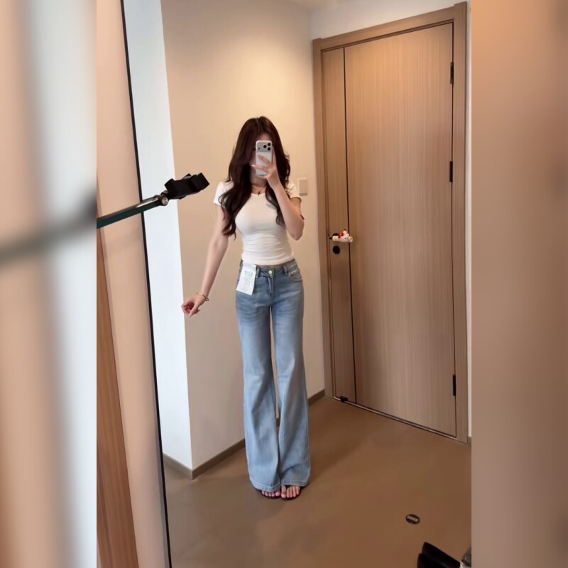 低腰蓝色微喇牛仔裤女修身显瘦百搭喇叭长裤