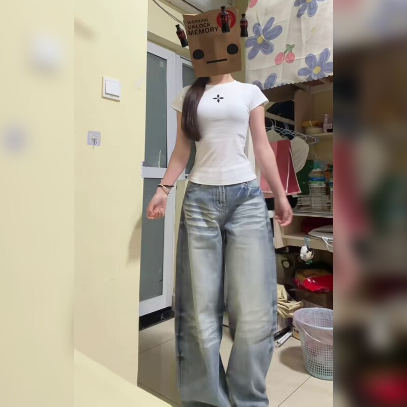 2026街头辣妹风美式复古风低腰阔腿牛仔裤女宽松显瘦百搭直筒长裤