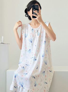 棉绸睡裙夏季薄款学生女士印花睡衣卡通人造棉背心无袖大码家居服