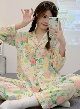 春夏季长袖开衫小清新棉绸睡衣女薄款学生宽松绵绸家居服休闲套装