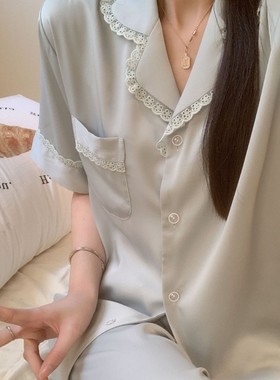 春秋季新款冰丝仿醋酸睡衣女慵懒奢华高级感薄款网红短袖长裤套装