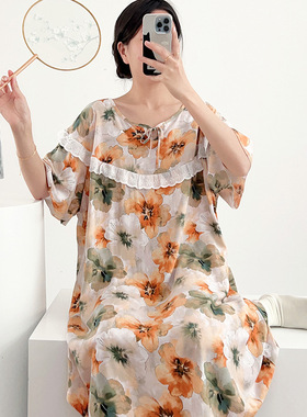 长裙棉绸睡裙女夏季薄款加大码睡衣韩版高级感可外穿长款 显瘦裙