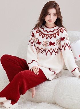 实体店可售粉色费尔岛秋冬复古半边绒睡衣女珊瑚绒宽松加厚软绵绵