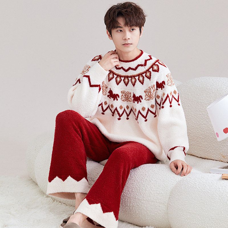 费尔岛男士秋冬复古半边绒睡衣圆领长袖2025新款珊瑚绒宽松加厚款