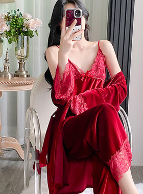 性感睡衣女秋冬季金丝绒吊带睡袍纯欲诱惑优雅女人睡衣浴袍花边套