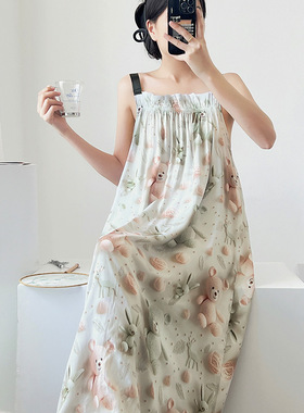 棉绸睡裙女夏吊带绵绸睡衣人造棉连衣裙孕妇性感胖MM大码网红同款