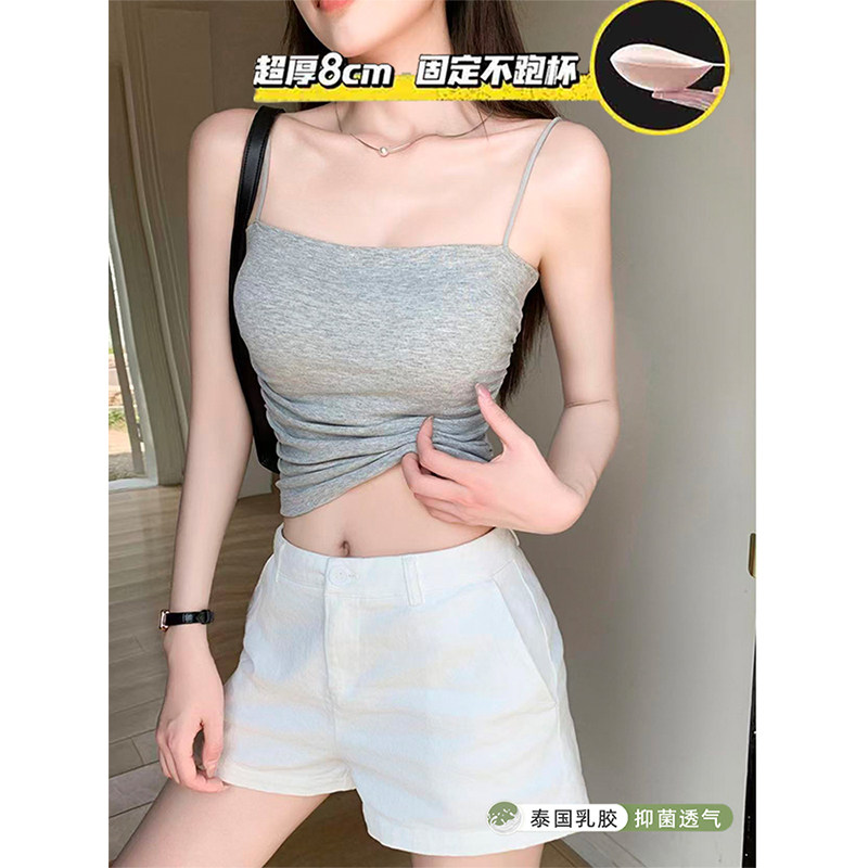 纯色细肩带露美背心吊带小胸加厚胸垫褶皱修身显瘦抹胸打底女上衣