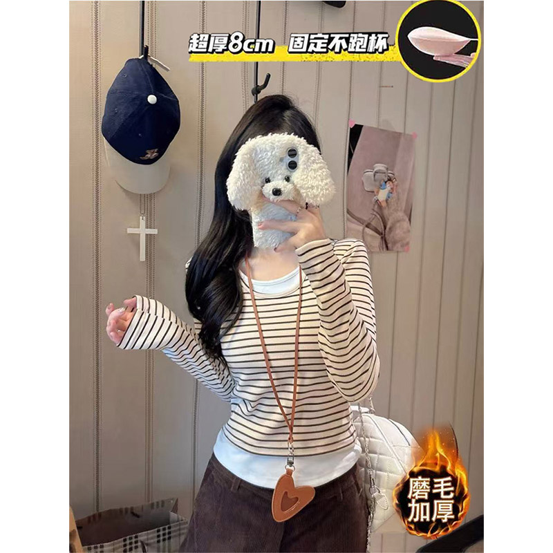 暮色周末 圆领条纹假两件带胸垫磨毛保暖长袖T恤女打底衫内搭紧身