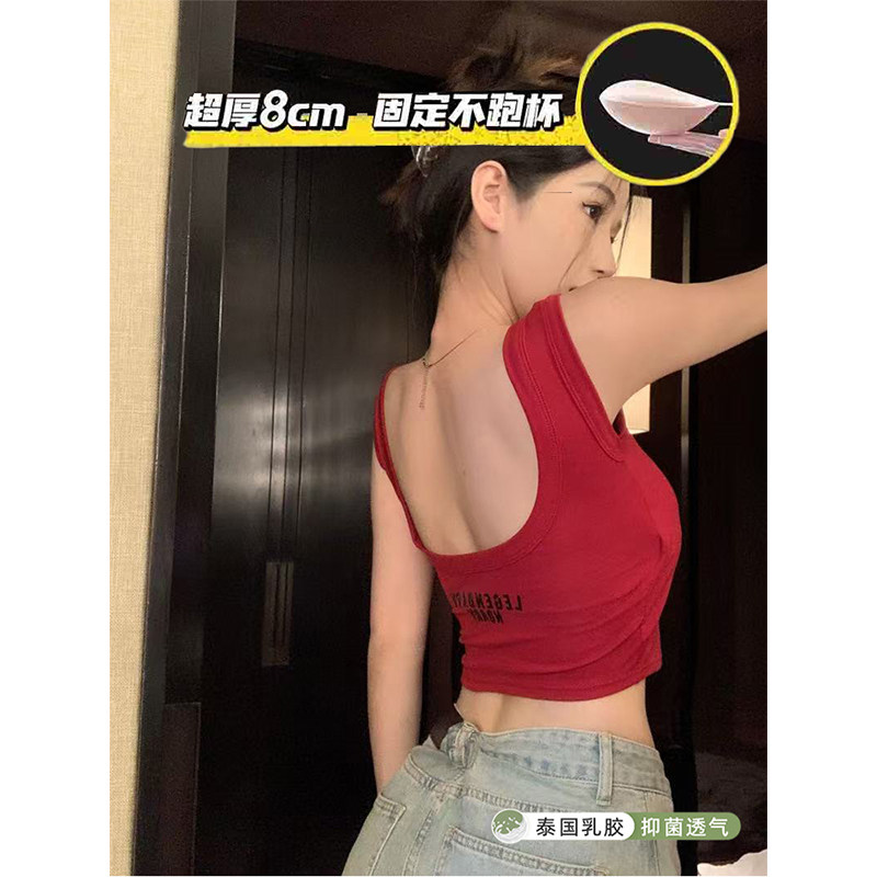 恋上复古 港味红色甜酷风u领字母修身无袖美背心加厚小胸固定杯