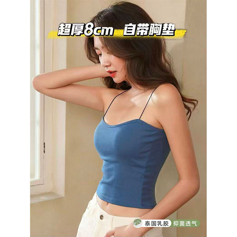 一见倾心 蓝色性感超细肩带女吊带美背心春夏外穿短款抹裹胸上衣