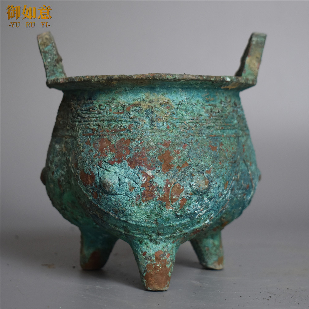 西周兽面纹鬲鼎 仿古青铜器三足鼎 生坑红斑绿锈做旧古玩收藏摆件