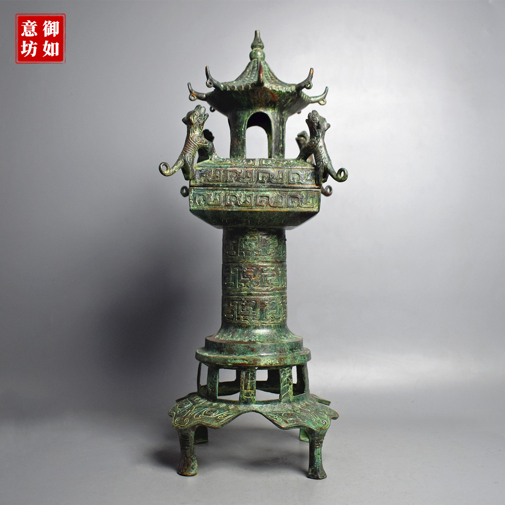 青铜器仿古大塔炉四虎八角楼熏香炉纯铜摆件古典家居工艺品收藏