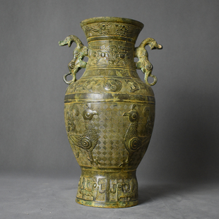 广州仿古青铜器兽面纹双虎瓶青铜花瓶双凤瓶中式会所餐厅复古摆件