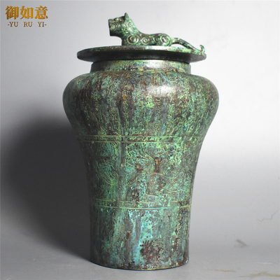 仿古战国青铜卧虎钮贮贝器摆件