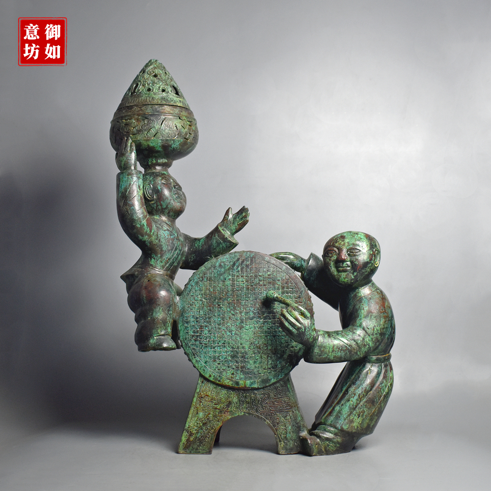 青铜器福娃敲鼓纯铜香熏炉摆件