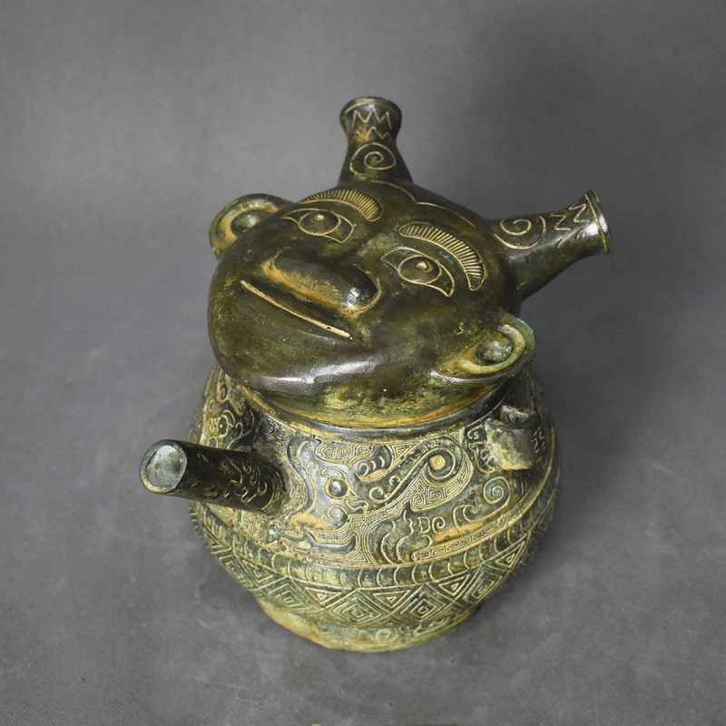 美国青铜器商代人面盉青铜酒器古玩收藏中式会所博物馆展览铜摆件