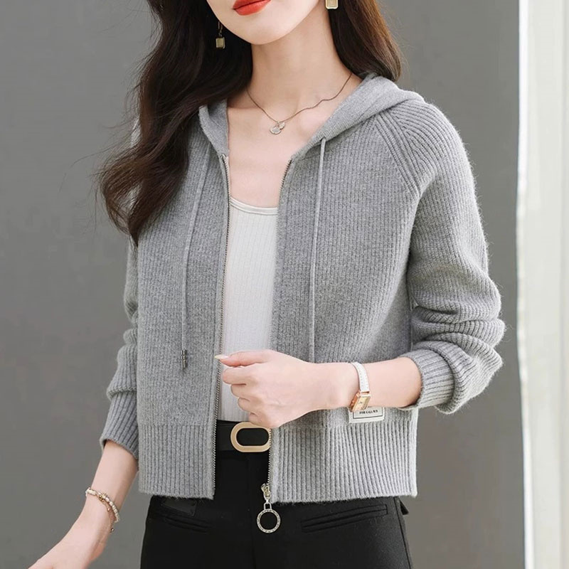 东莞大朗不起球短款开衫毛衣秋冬深圳南油高端女装连帽针织衫外套