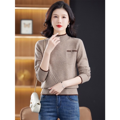 东莞大朗毛织毛衣旗舰店女出口新款秋冬季半高领不起球打底针织衫
