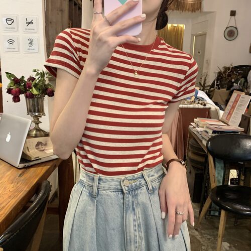 广州白马短袖2026新款无锡短款t恤女装夏季虎门条纹小个子上衣女