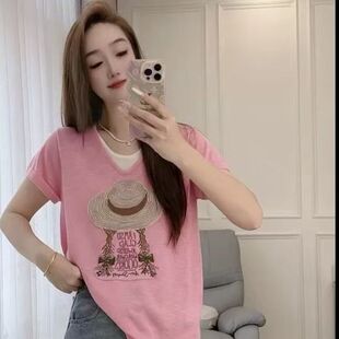 东莞大朗不起球V领短袖上衣女2026夏季义乌新款假两件打底针织衫
