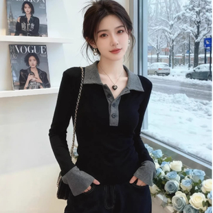 东莞大朗不起球假两件POLO领打底针织衫广州十三行短款翻领毛衣女