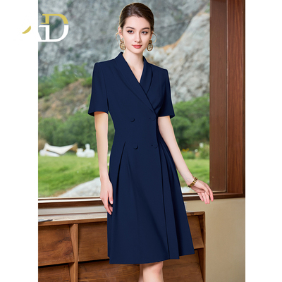 AD正式场合职业连衣裙女藏青色工作服夏季双排扣短袖正装裙子工装
