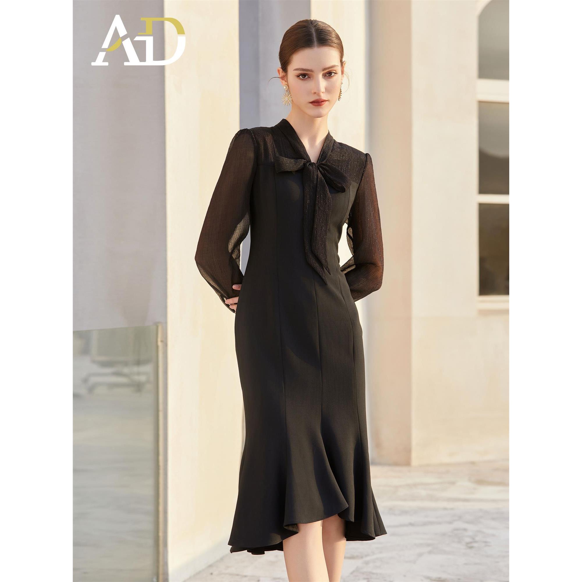 AD法式轻奢复古感连衣裙女夏季知性女神范包臀鱼尾裙赫本风小黑裙