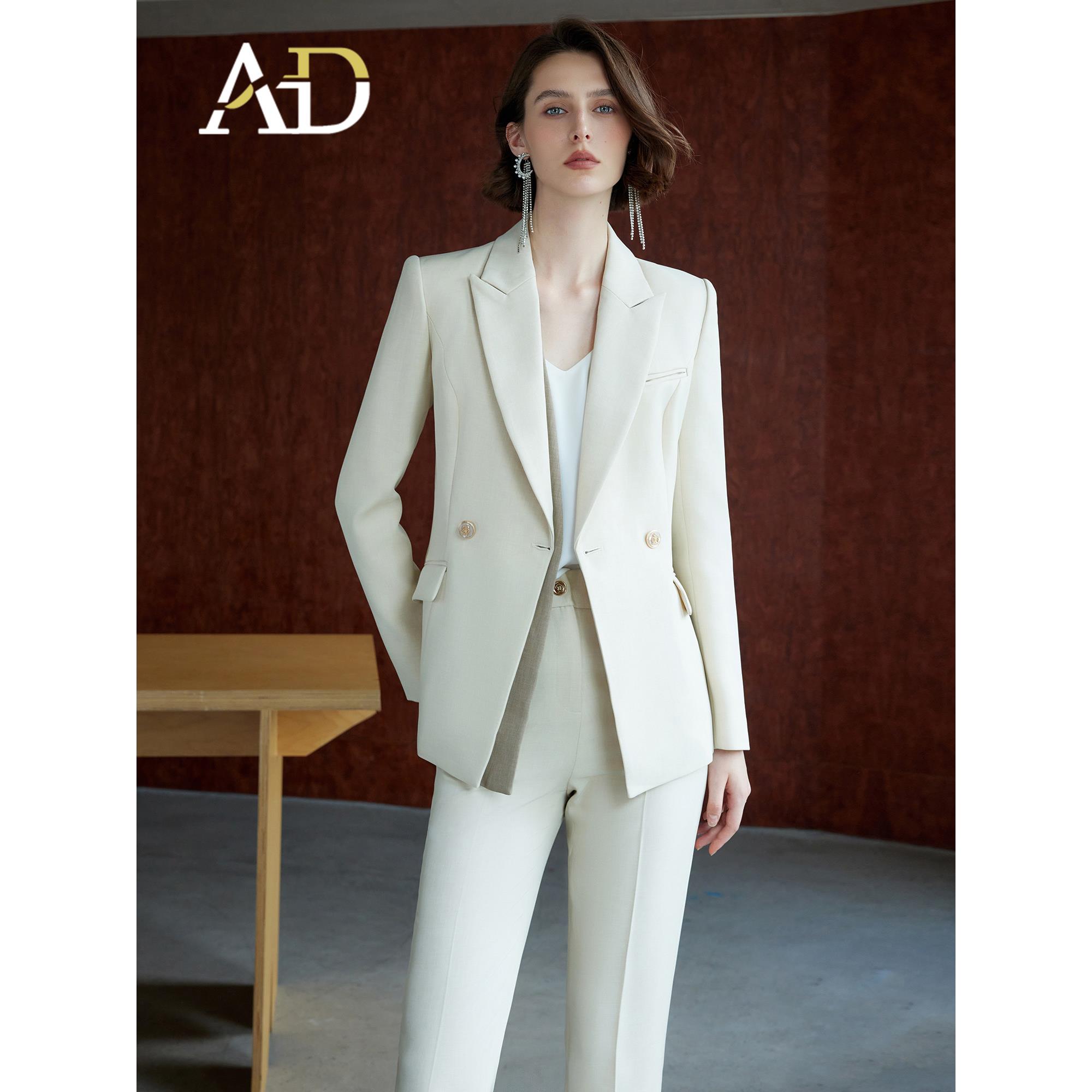 AD西服外套女2024新款春秋高级感米白拼色西装套装裤女士职场正装