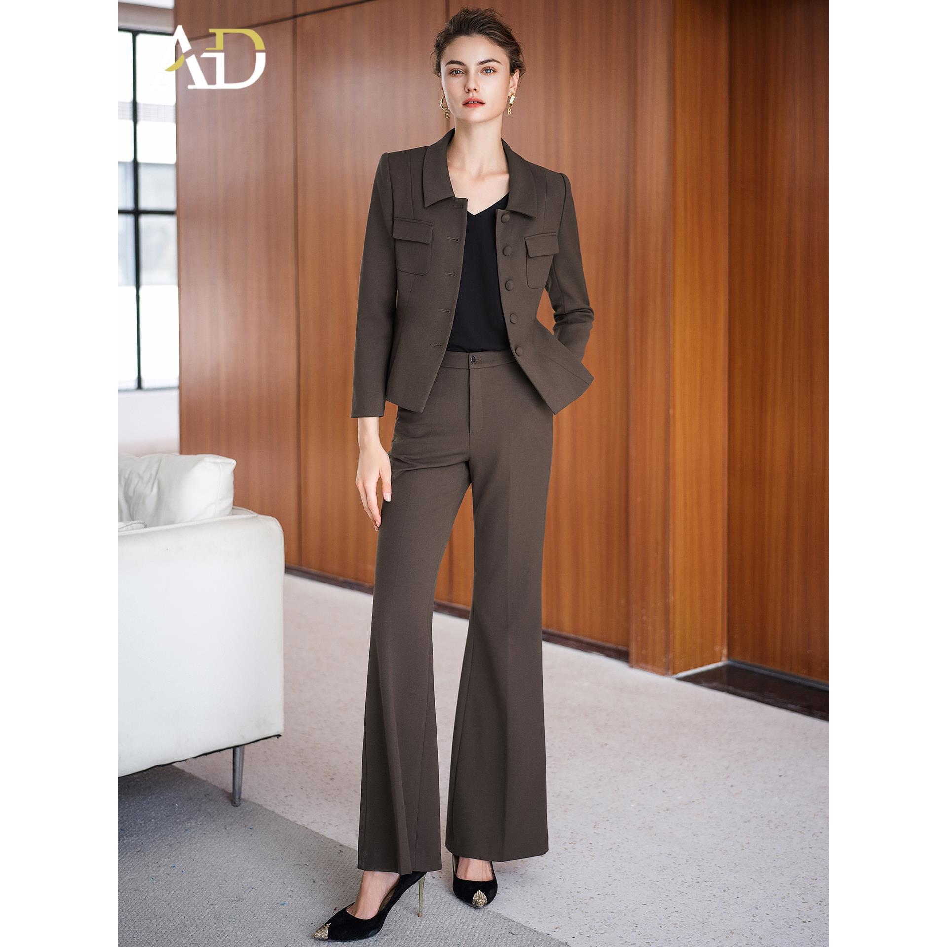 AD秋冬季磨毛套装女士职场通勤两件套2025新款棕色收腰正装阔腿裤