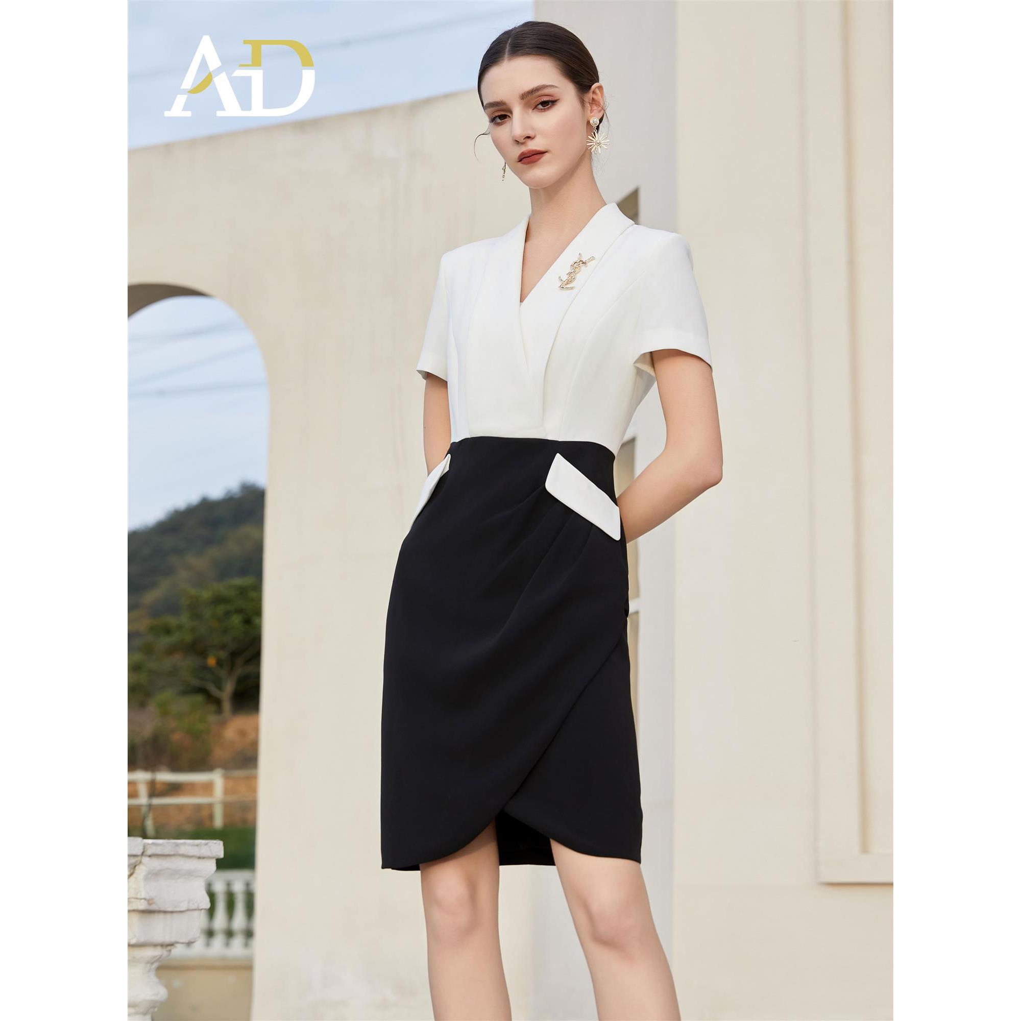 AD法式轻奢连衣裙女总裁黑白撞色职业装裙子OL通勤职场白领工作服