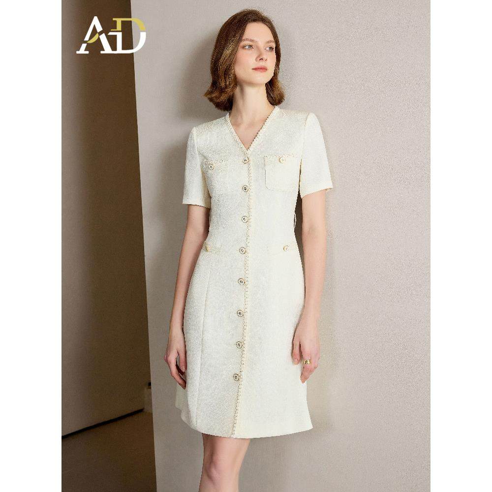AD夏季2025新款V领连衣裙气质名媛高端女神范高级感米色西装裙子