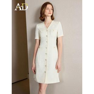 AD夏季2025新款V领连衣裙气质名媛高端女神范高级感米色西装裙子