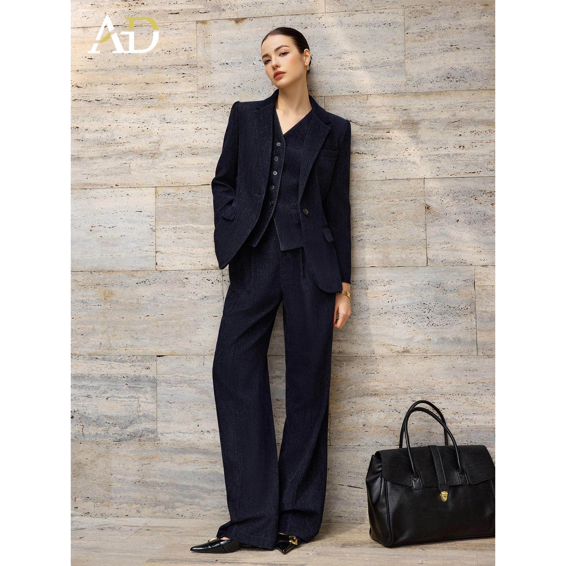 AD高级感深蓝色牛仔肌理感职业西装套装女长袖阔腿裤商务风正装