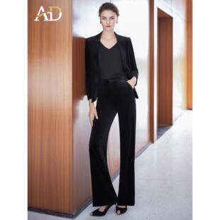 AD高端丝绒西装套装女2025秋冬新款藏青色职业装正装直筒裤两件套