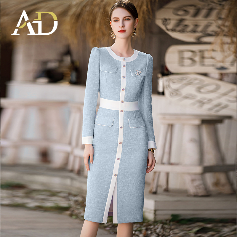 AD名媛气质小香风连衣裙女2023新款蓝色长袖裙时尚圆领接拼包臀裙
