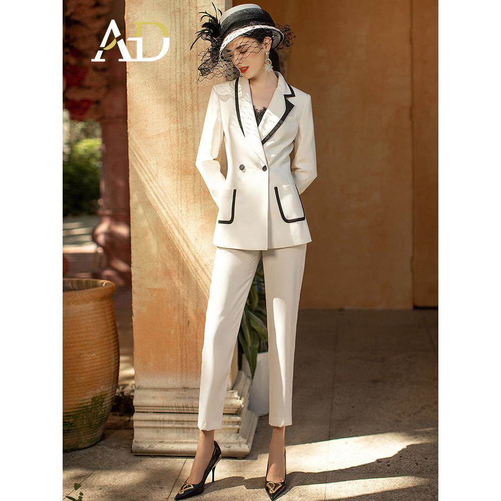 AD高级感西装套装女士休闲职业装气质女神范正装套裤米白色小西服
