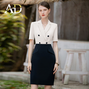 AD白色短袖西装连衣裙女夏2023接拼双排扣西服裙职场白领通勤女装