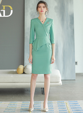 AD高级设计感湖水绿色西装连衣裙女高端美容院工装职业装工作服夏