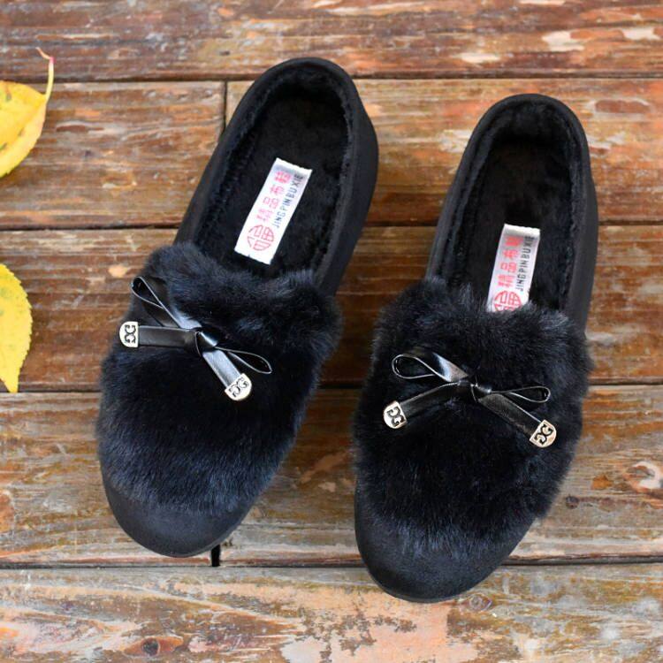 毛毛鞋女鞋流行新款豆豆鞋加绒保暖女棉鞋加大码41 42 43 特大号