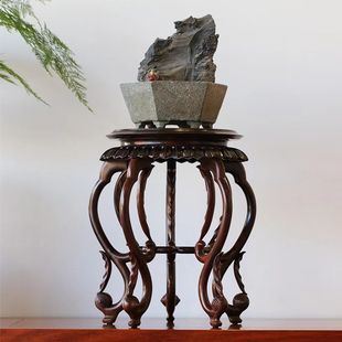 老挝大红酸枝实木圆形工艺品架奇石盆景茶壶花盆香炉佛像红木底座