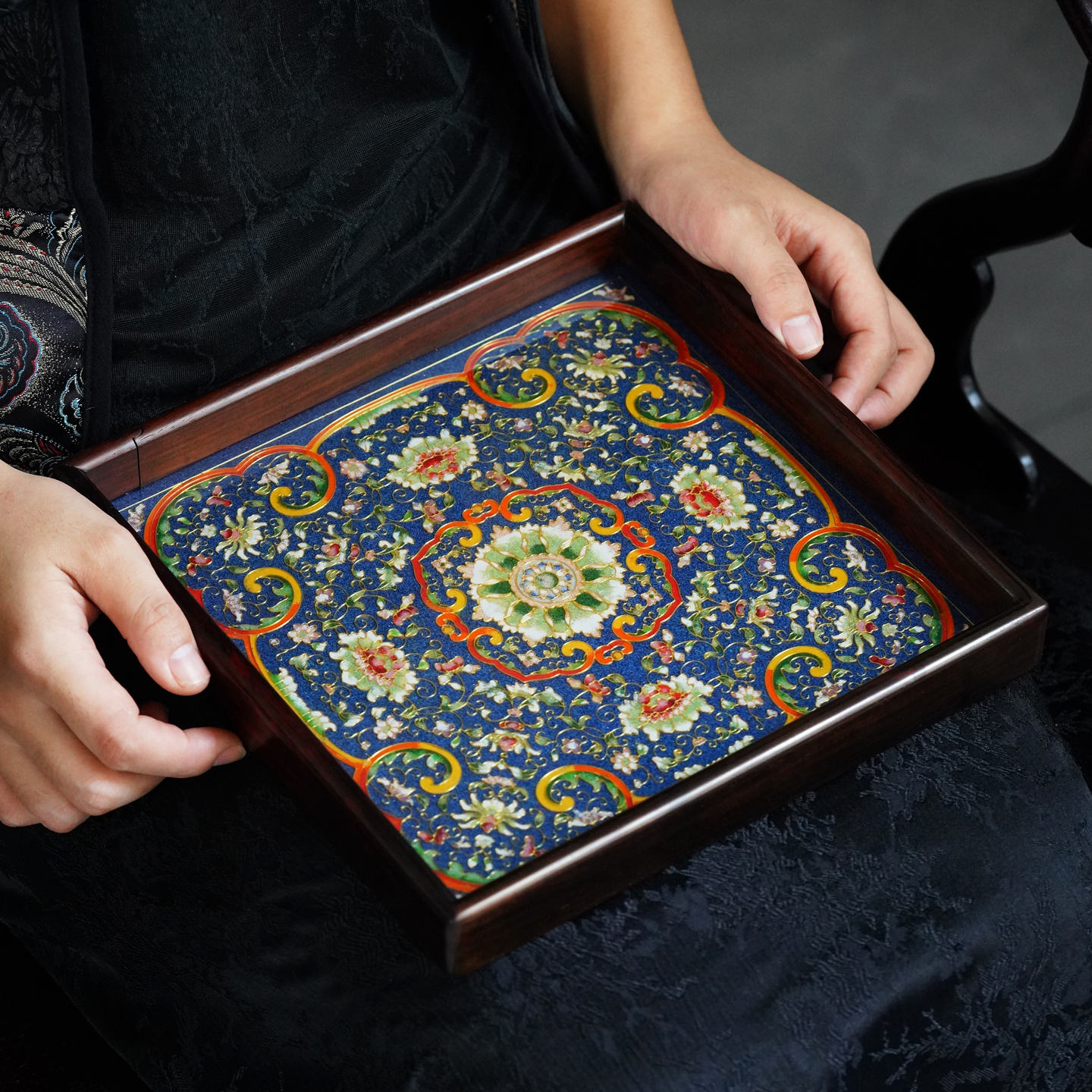 红酸枝镶掐丝珐琅彩小干泡台茶盘中式实木托盘收纳盘茶具茶台茶海