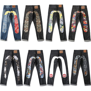 羽翼福神 牛仔裤男女同款潮牌个性大M印花刺绣宽松修身直筒长裤子